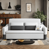 Grey 3-in-1 pull out couch bed with cotton linen upholstery and storage chaise